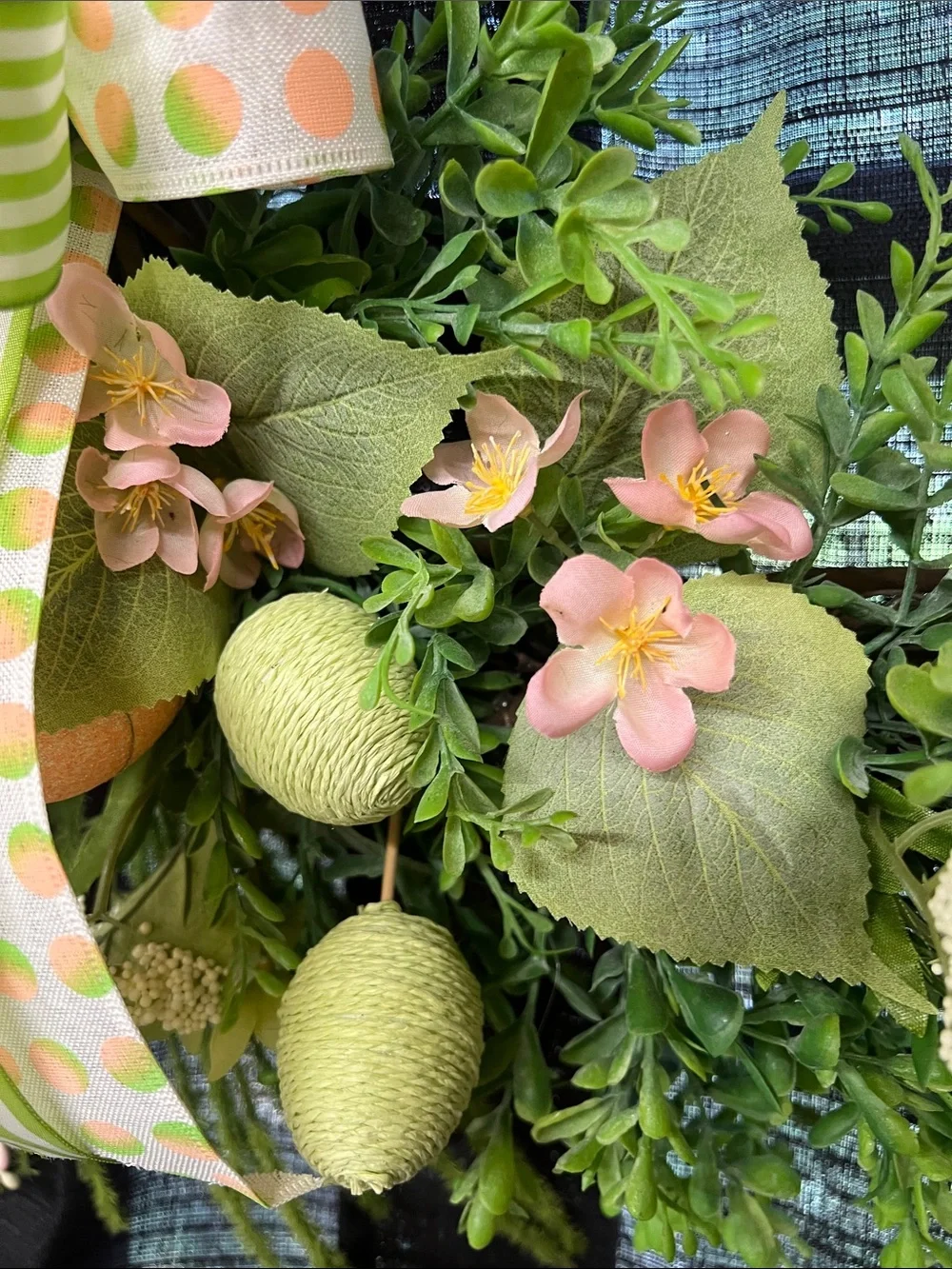 Spring Boxwood Wreath with Pastel Eggs and Green Bow